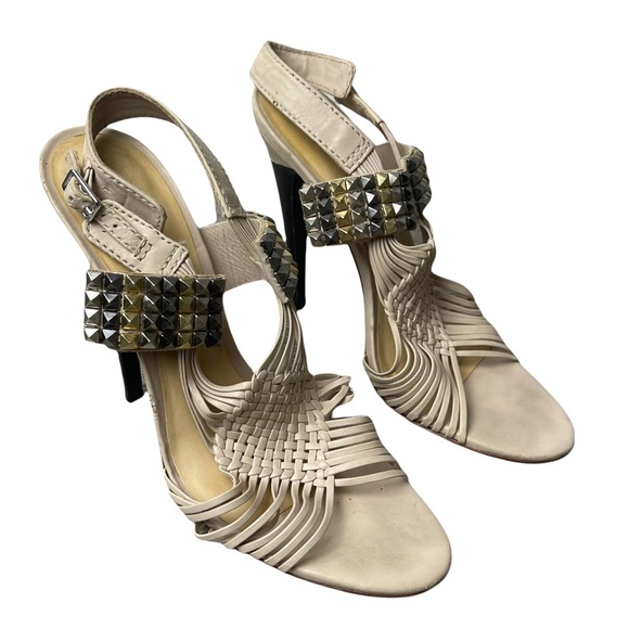 L.A.M.B. Shoes - L.A.M.B 'Dakota' Cream Leather Strappy Woven Studded  Stiletto Sandal Heels 7.5M